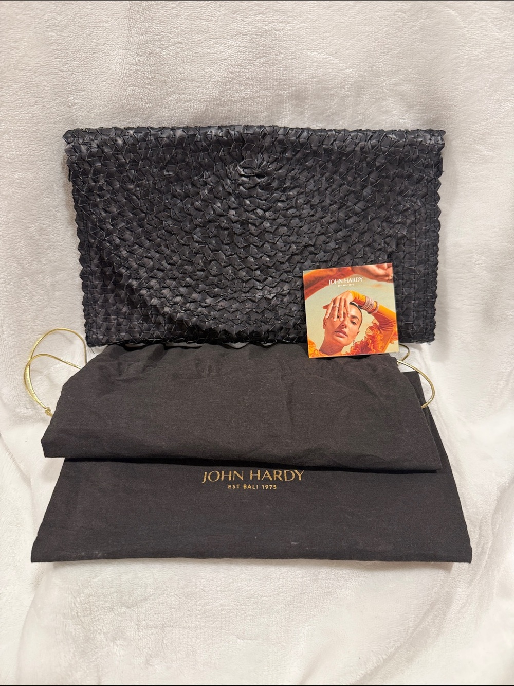 John Hardy Black Woven Clutch with Gold-Tone Drawstring dust bag. NWOT!